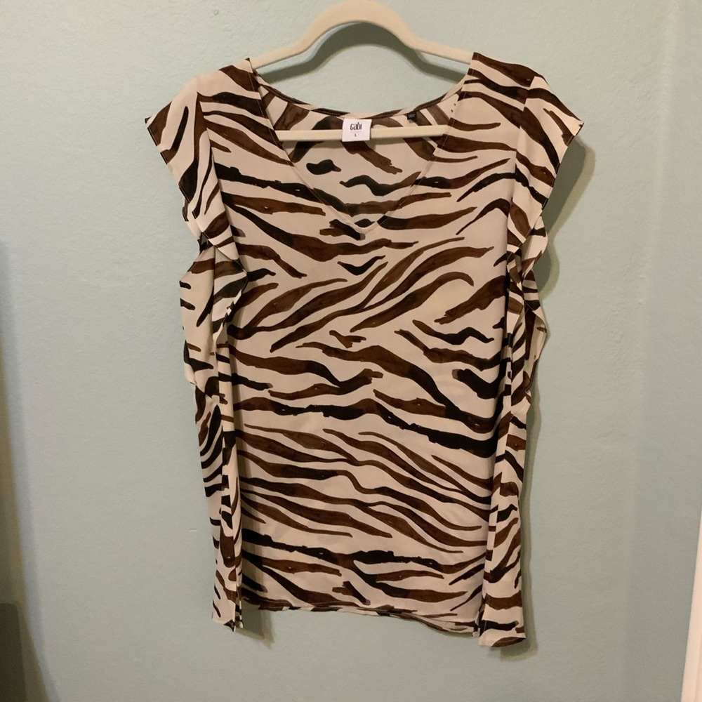 Cabi Brown & Cream Flutter Sleeve Zebra Top Blous… - image 1
